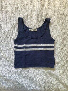 Pull & Bear Navy Blue & White Striped Cropped Fitted Tank Top - Size S
